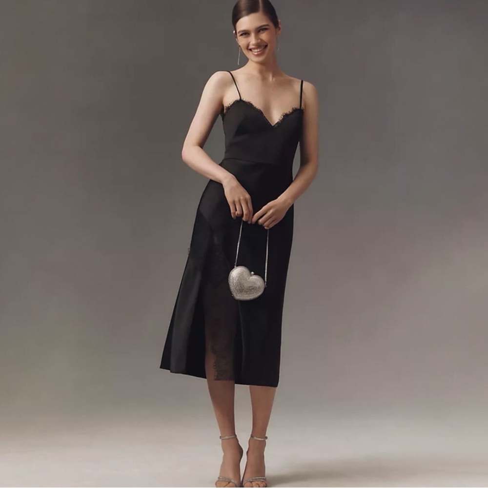 NWT LIV FOSTER Lace Trim Satin Midi Slipdress Black Size 4